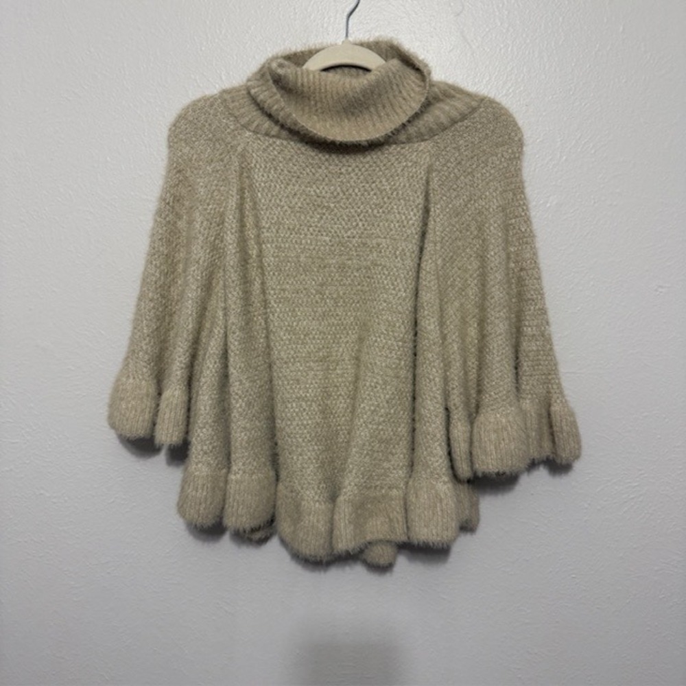 Anthropologie Fuzzy Knit Turtleneck Poncho Sweater Beige One Size